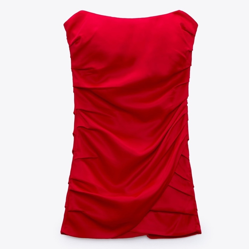 Zara Strapless Red Ruched Mini Dress - Picture 7 of 13